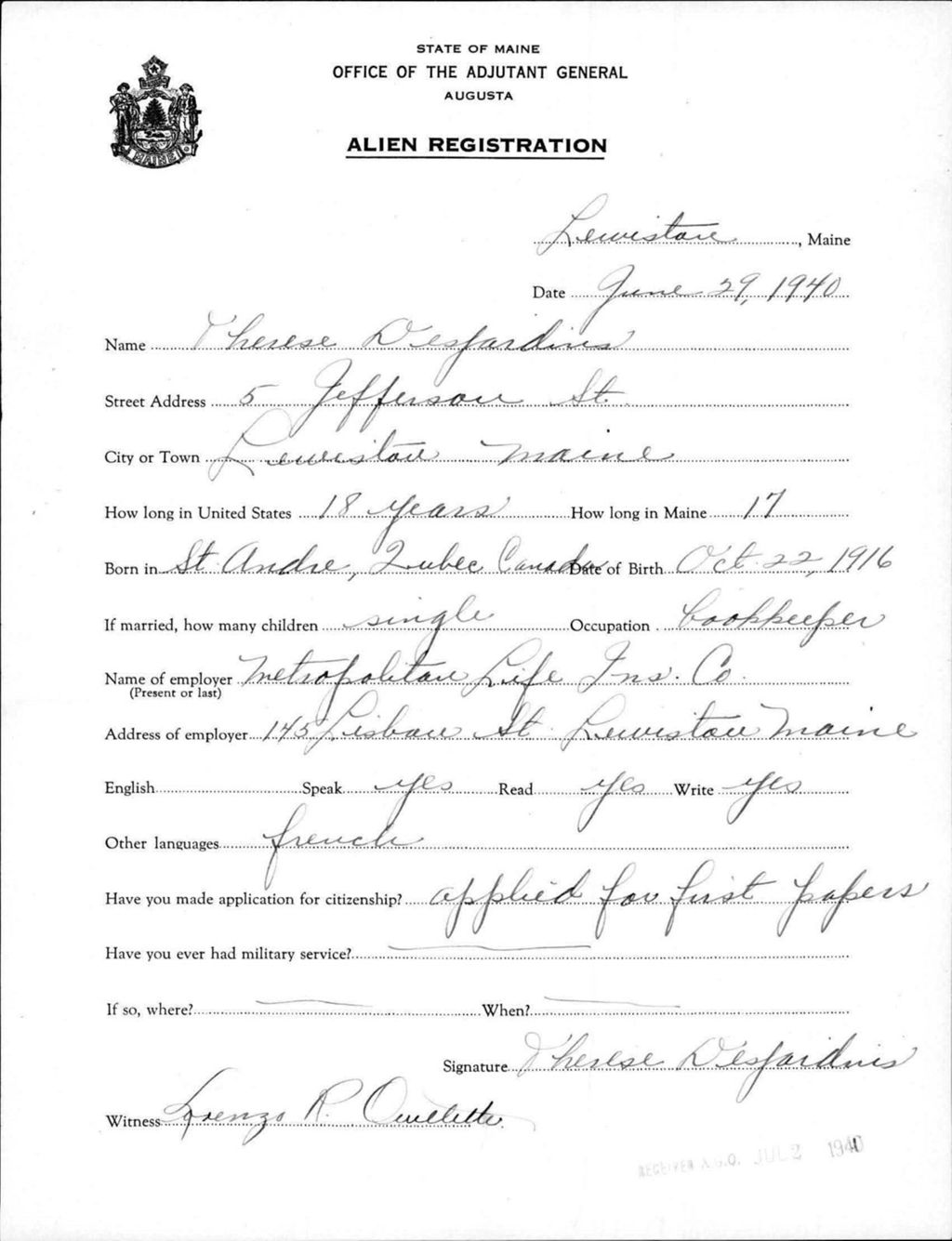 Miniature of Alien Registration- Desjardins, Therese (Lewiston, Androscoggin County)