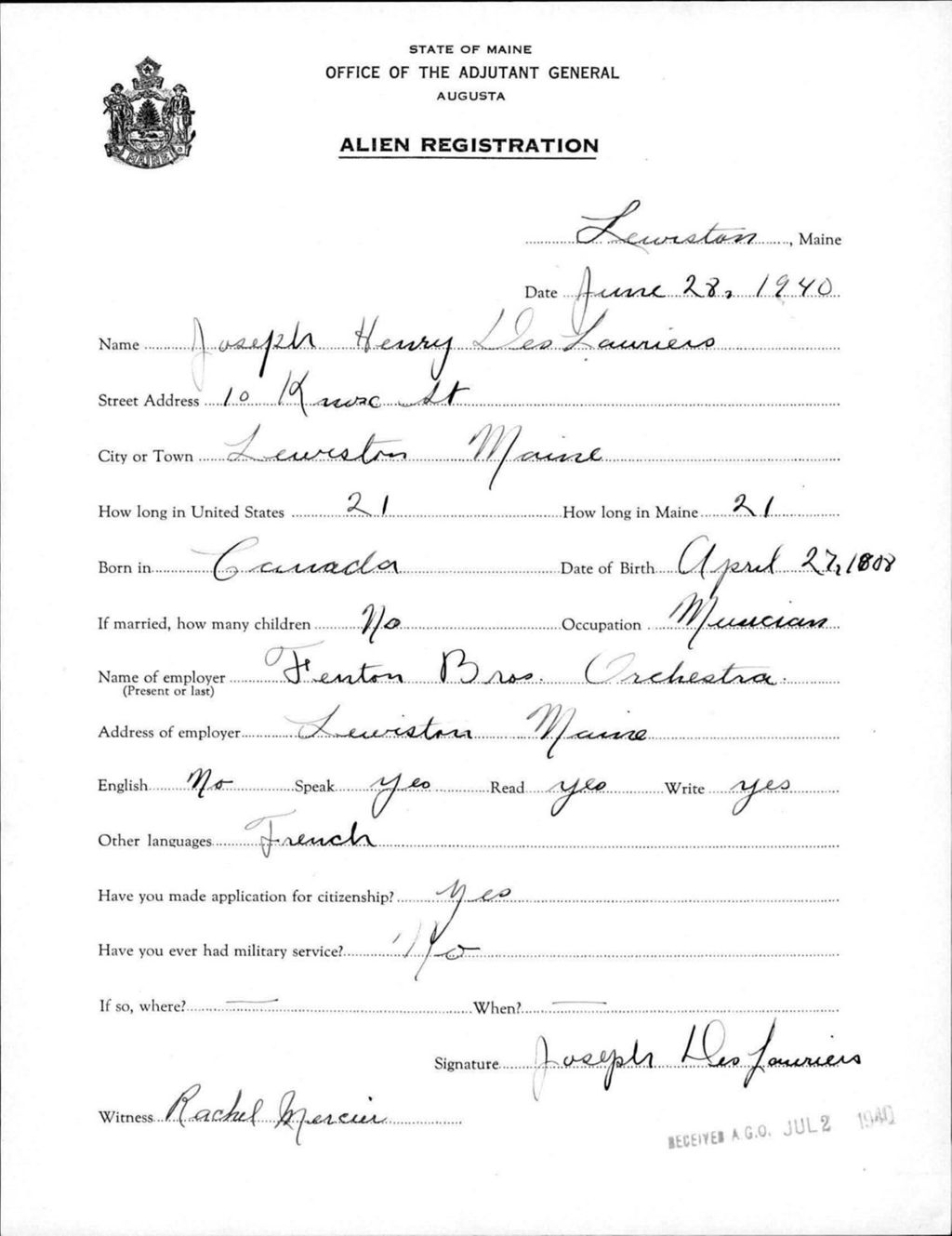Miniature of Alien Registration- Deslauriers, Joseph H. (Lewiston, Androscoggin County)