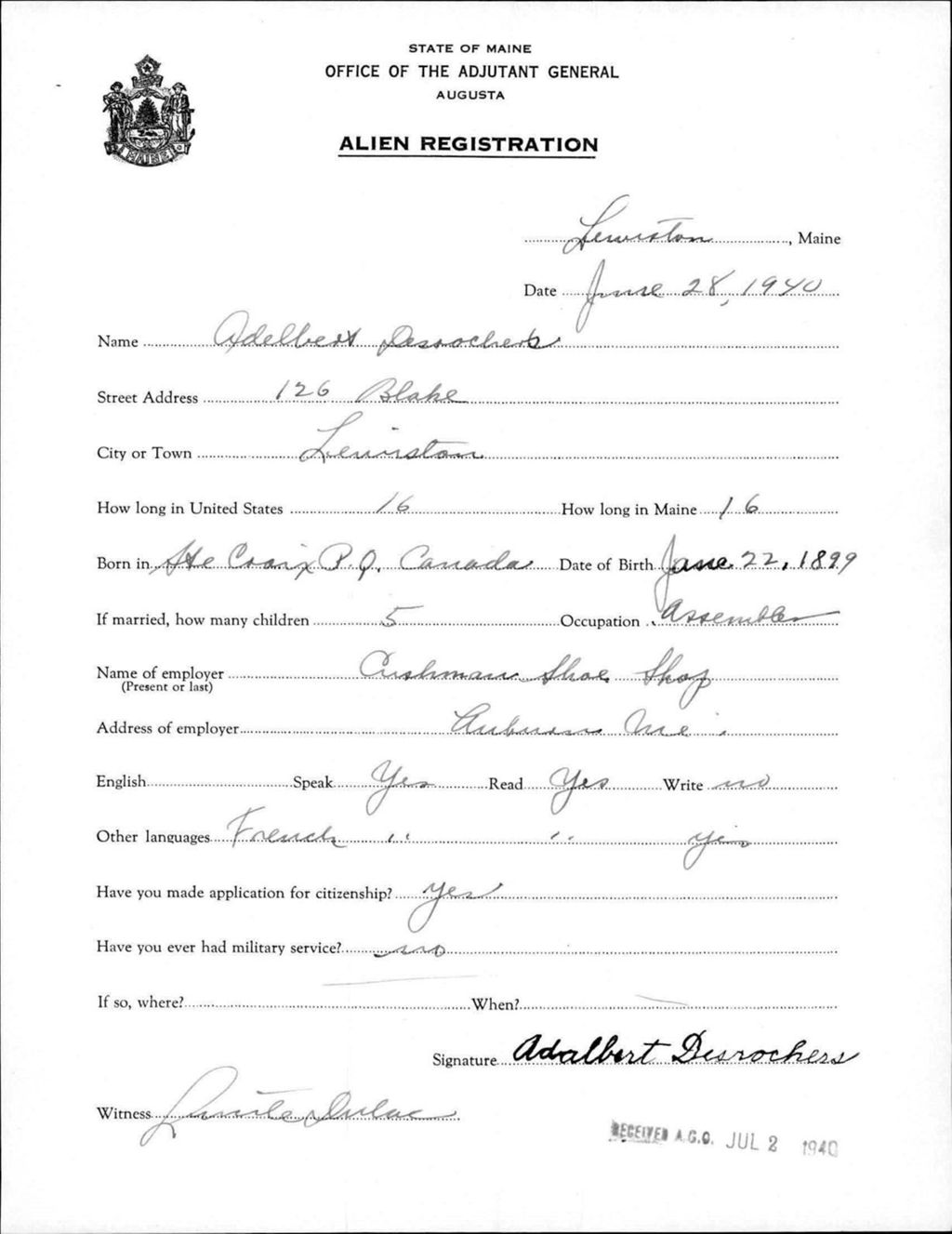 Miniature of Alien Registration- Desrochers, Adelbert (Lewiston, Androscoggin County)
