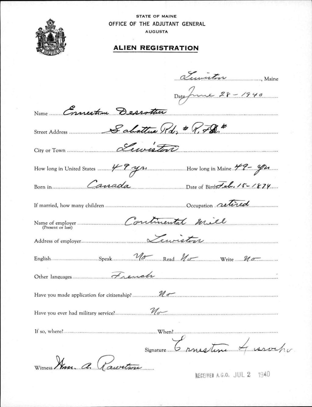 Miniature of Alien Registration- Desrochers, Ernestine (Lewiston, Androscoggin County)