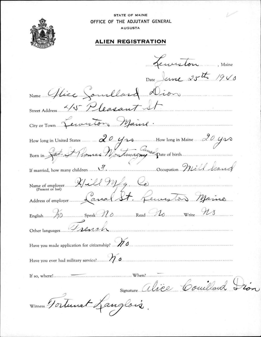 Miniature of Alien Registration- Couillard, Alice (Lewiston, Androscoggin County)