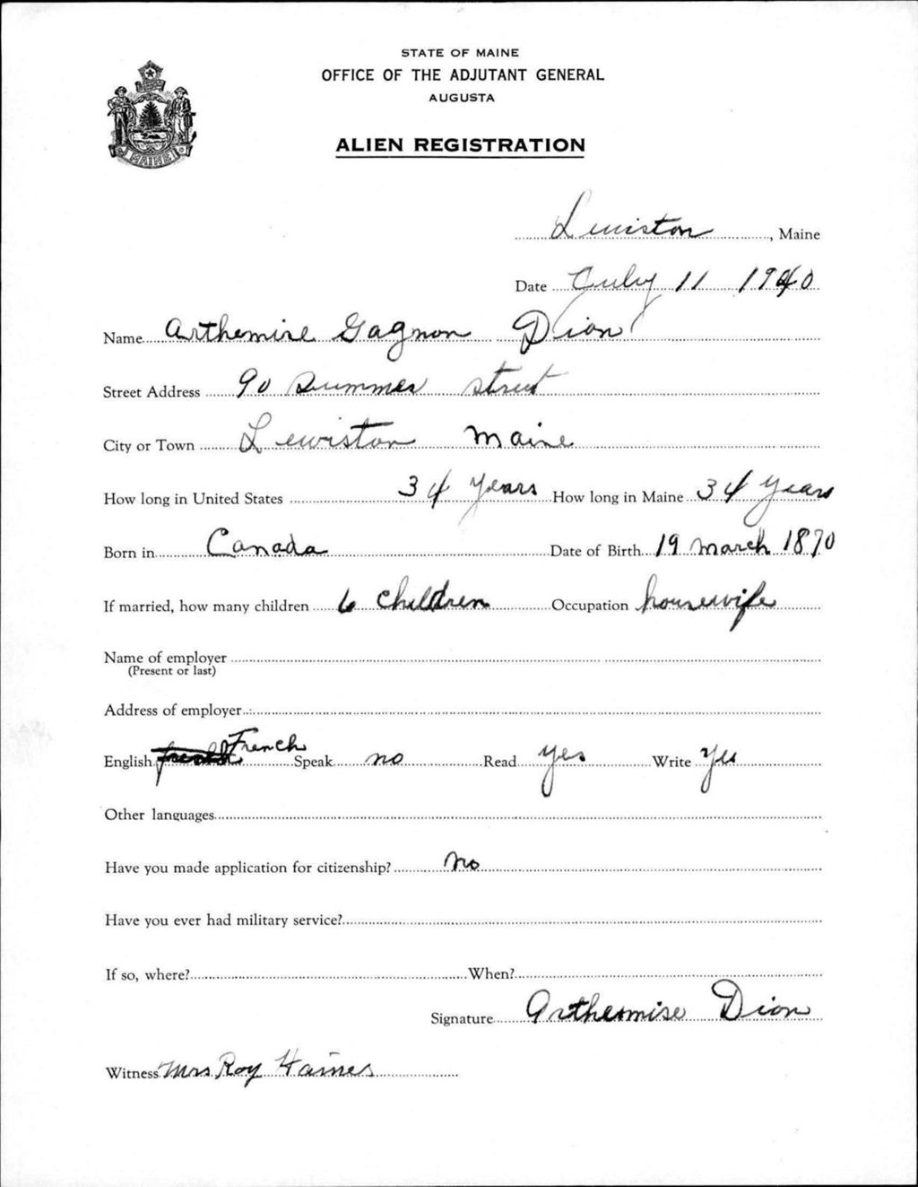 Miniature of Alien Registration- Gagnon, Arthemine (Lewiston, Androscoggin County)