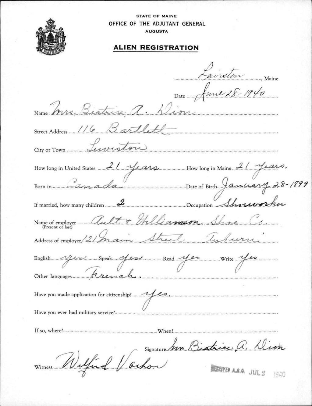 Miniature of Alien Registration- Dion, Beatrice A. (Lewiston, Androscoggin County)