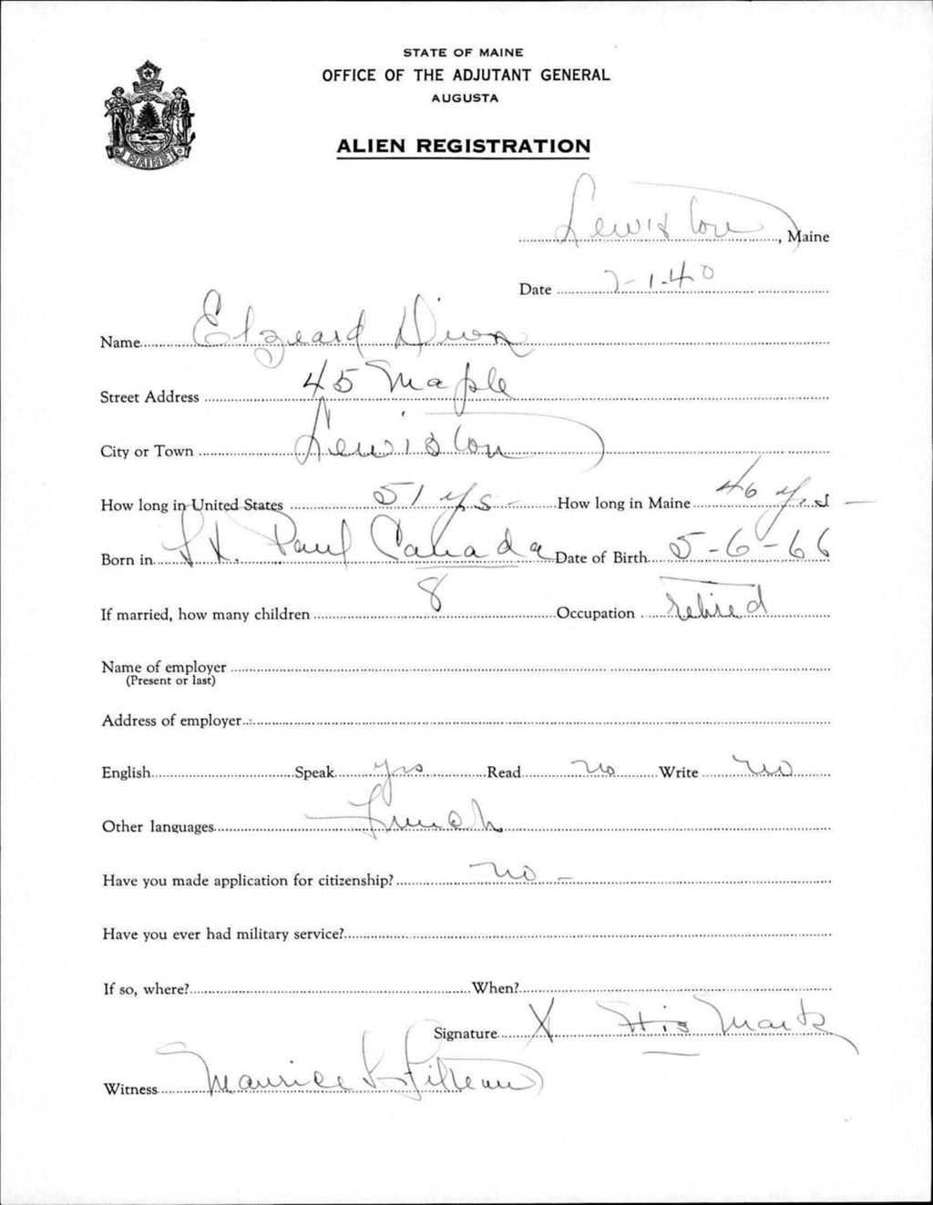 Miniature of Alien Registration- Dion, Elzeard (Lewiston, Androscoggin County)