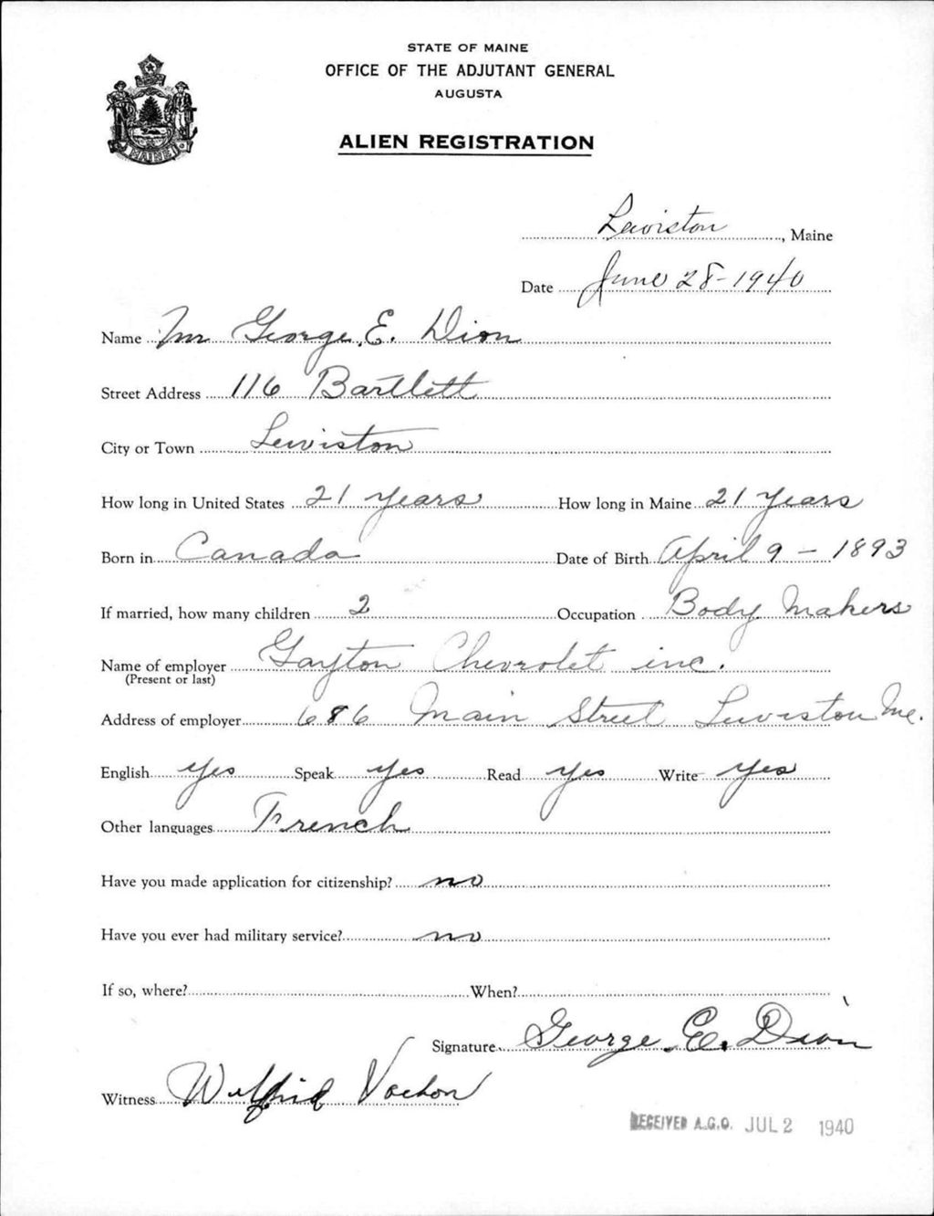 Miniature of Alien Registration- Dion, George E. (Lewiston, Androscoggin County)
