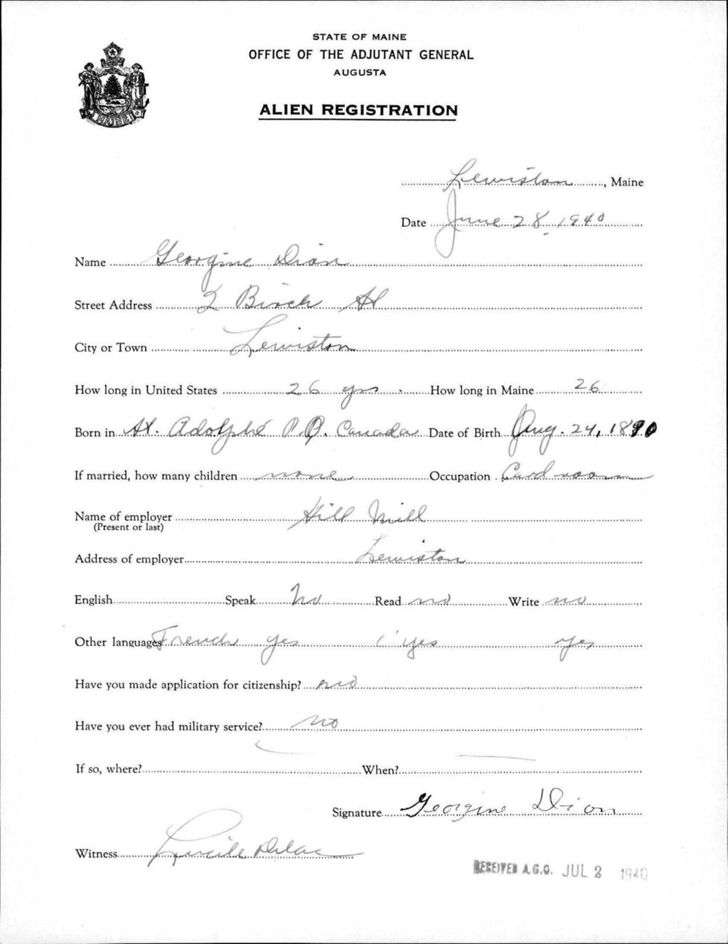 Miniature of Alien Registration- Dion, Georgine (Lewiston, Androscoggin County)