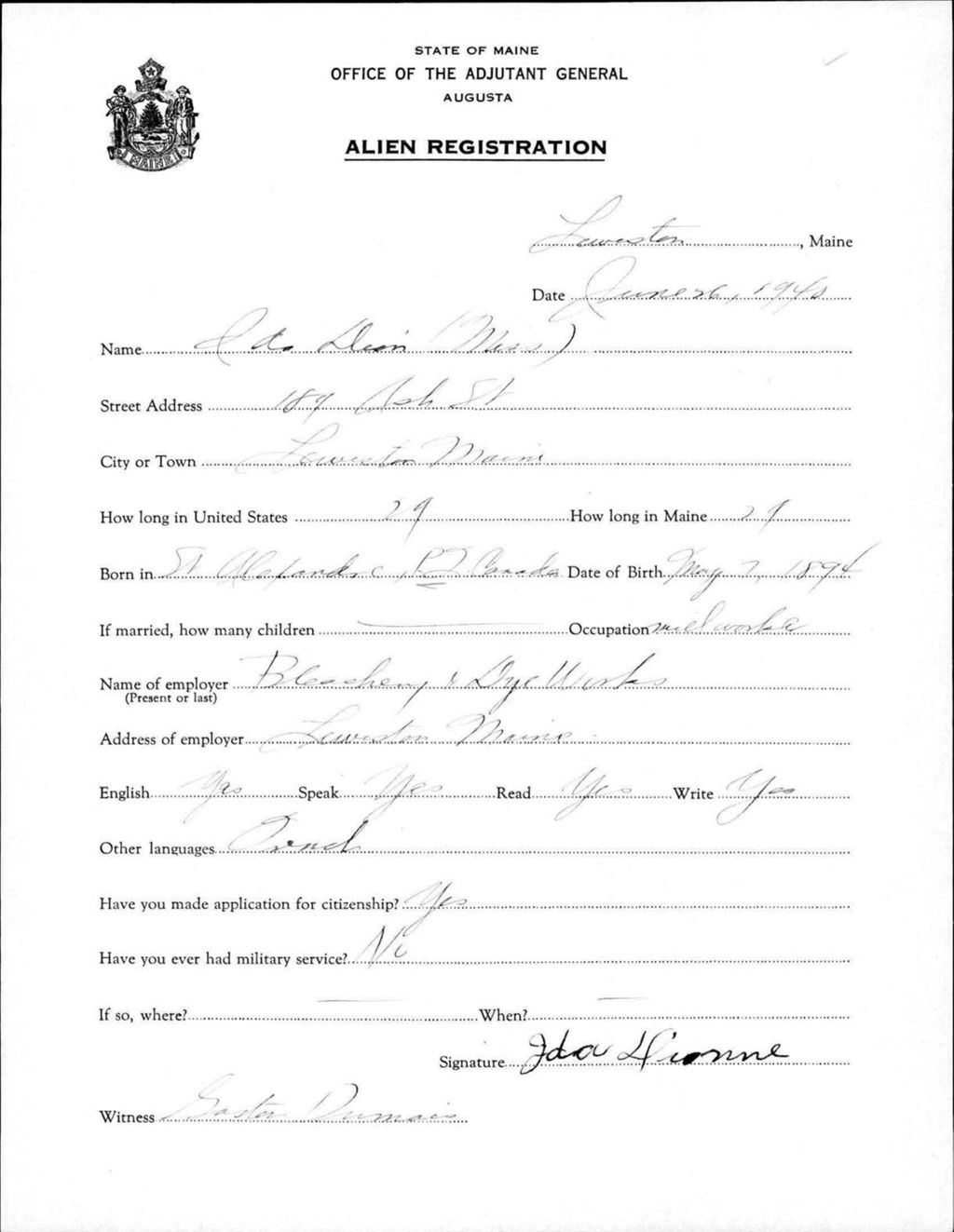 Miniature of Alien Registration- Dion, Ida (Lewiston, Androscoggin County)