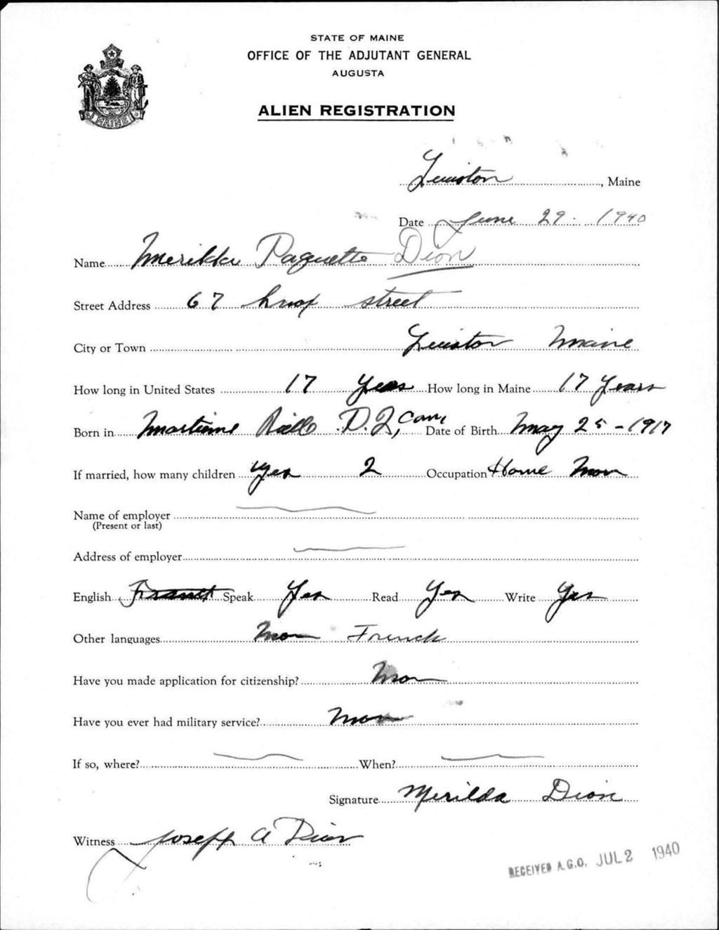 Miniature of Alien Registration- Paguette, Merilda (Lewiston, Androscoggin County)