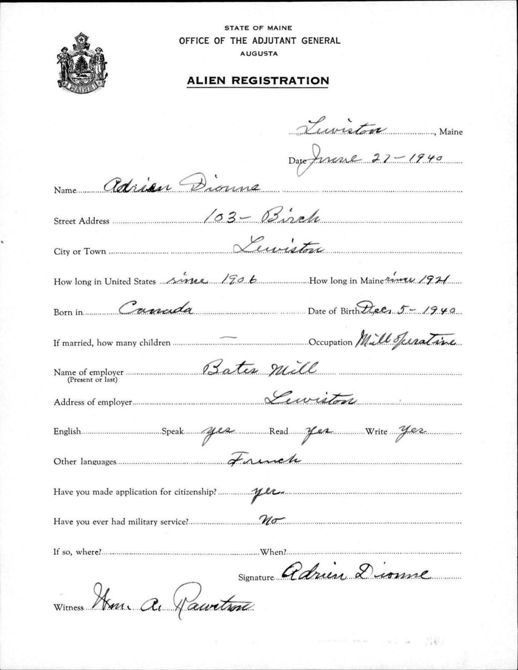Miniature of Alien Registration- Dionne, Adrien (Lewiston, Androscoggin County)