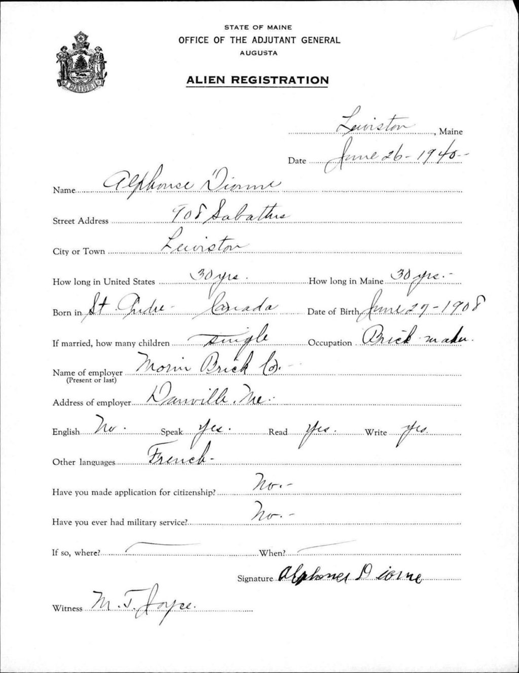 Miniature of Alien Registration- Dionne, Alphonse (Lewiston, Androscoggin County)