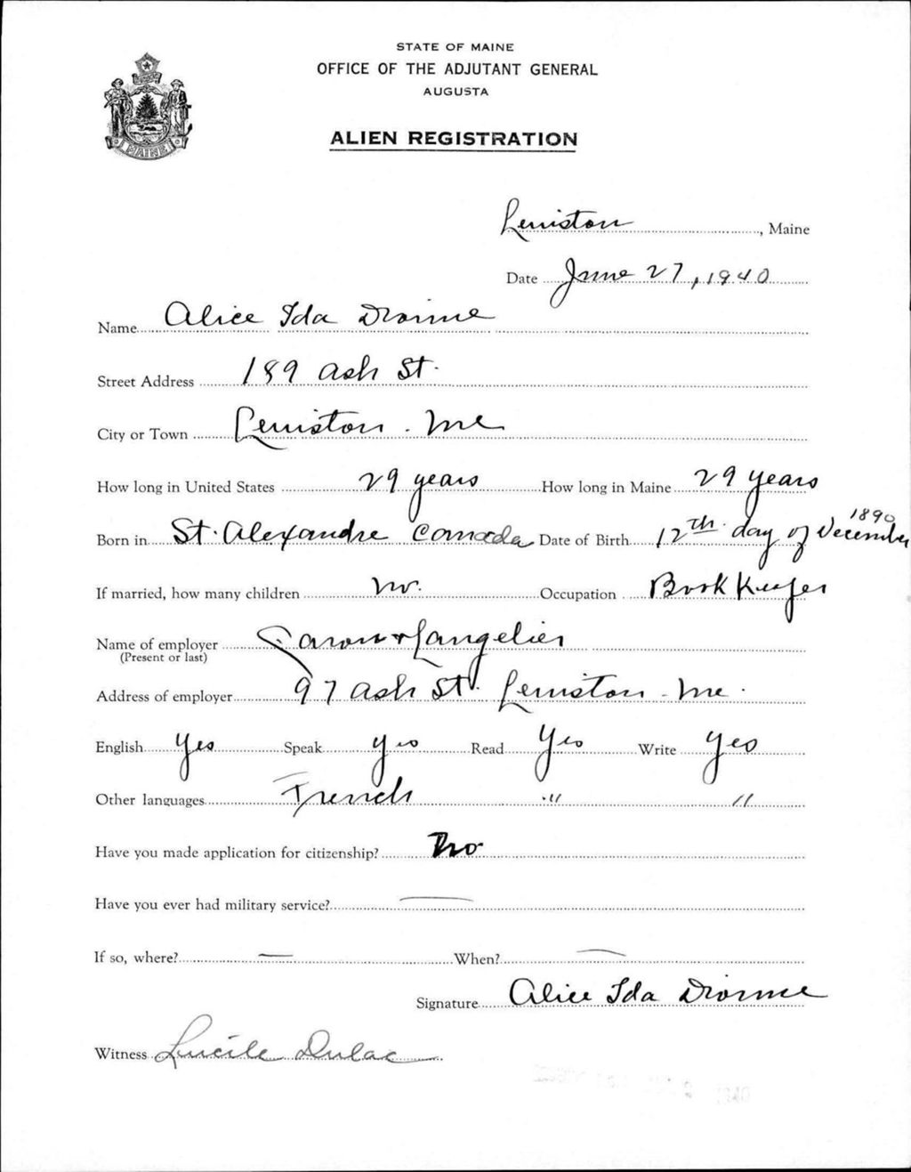 Miniature of Alien Registration- Dionne, Alice I. (Lewiston, Androscoggin County)