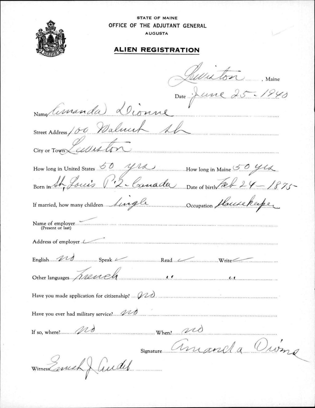 Miniature of Alien Registration- Dionne, Amanda (Lewiston, Androscoggin County)