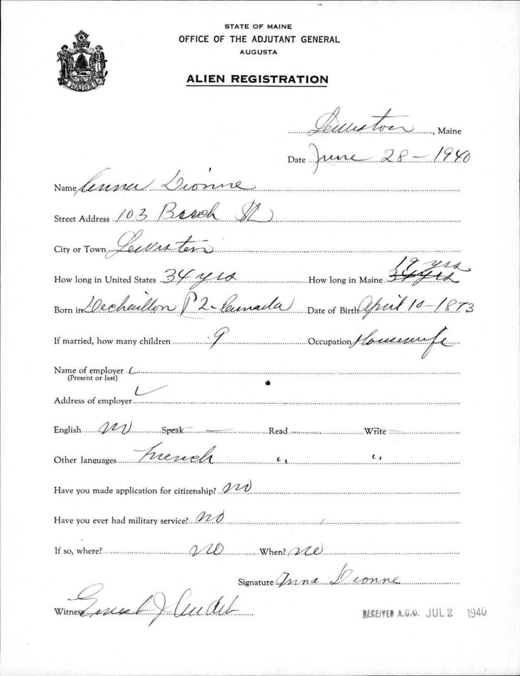 Miniature of Alien Registration- Dionne, Anna (Lewiston, Androscoggin County)