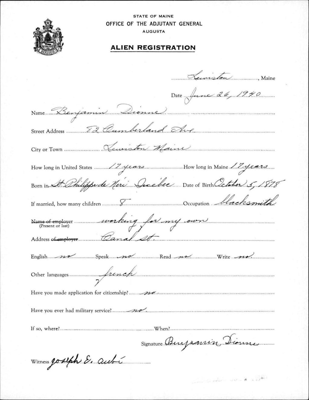 Miniature of Alien Registration- Dionne, Benjamin (Lewiston, Androscoggin County)