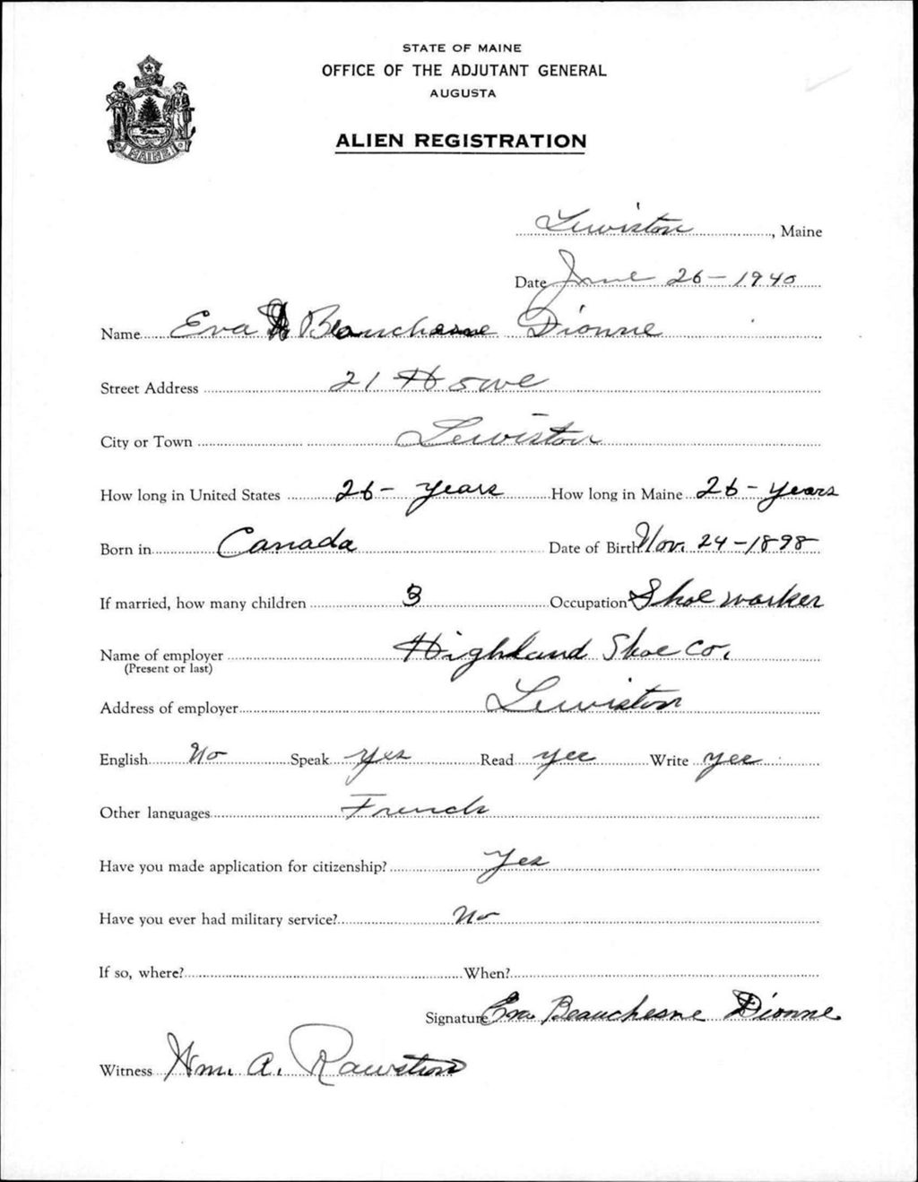 Miniature of Alien Registration- Beauchesne, Eva (Lewiston, Androscoggin County)