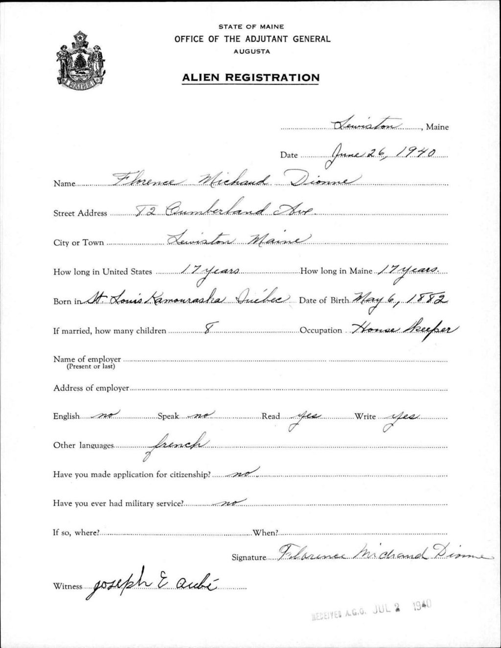 Miniature of Alien Registration- Michaud, Florence (Lewiston, Androscoggin County)