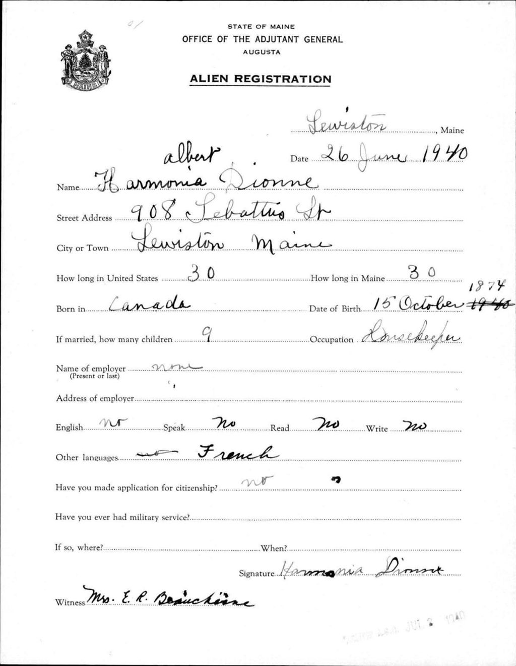 Miniature of Alien Registration- Albert, Harmonia (Lewiston, Androscoggin County)