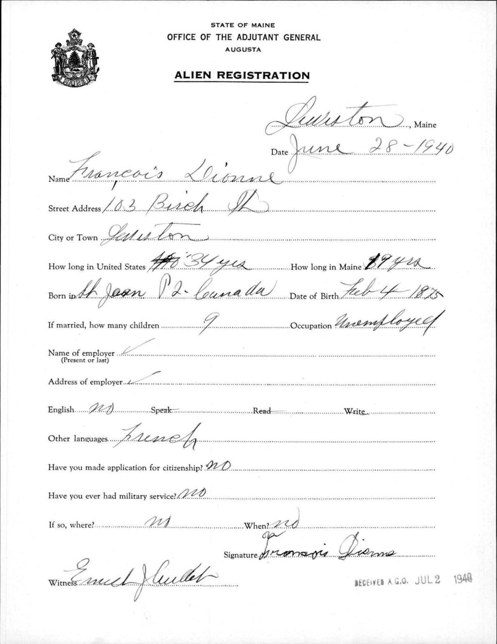 Miniature of Alien Registration- Dionne, Francois (Lewiston, Androscoggin County)