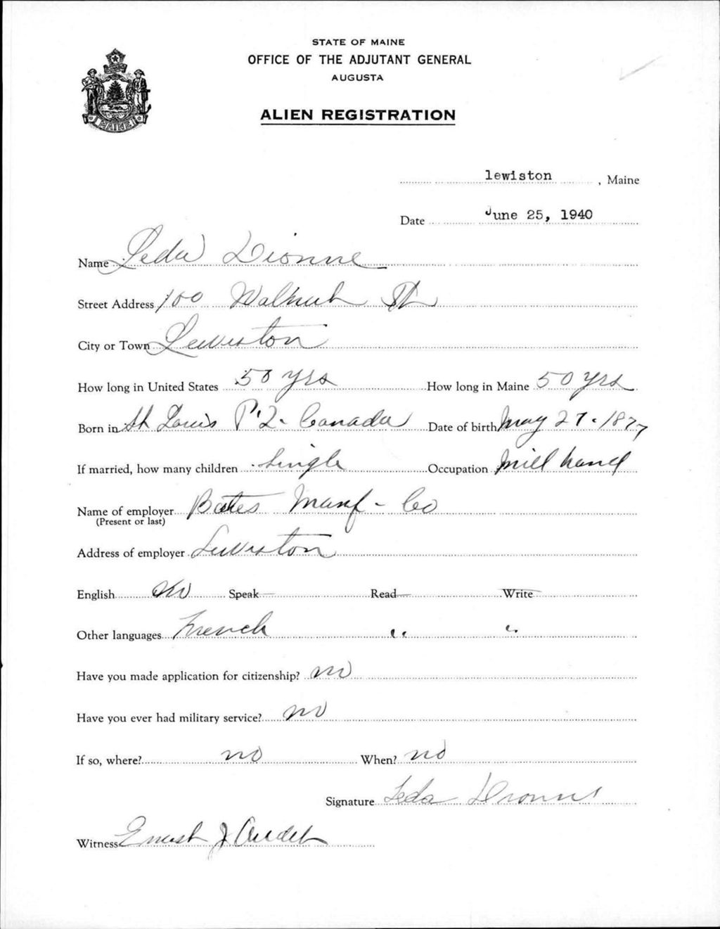 Miniature of Alien Registration- Dionne, Leda (Lewiston, Androscoggin County)