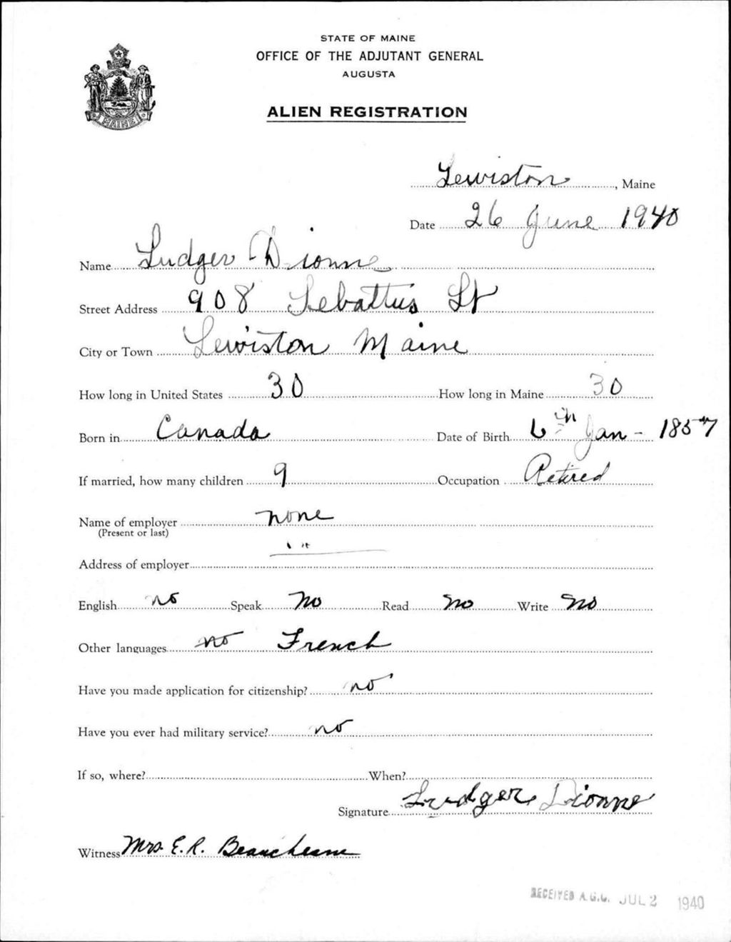 Miniature of Alien Registration- Dionne, Ludger (Lewiston, Androscoggin County)