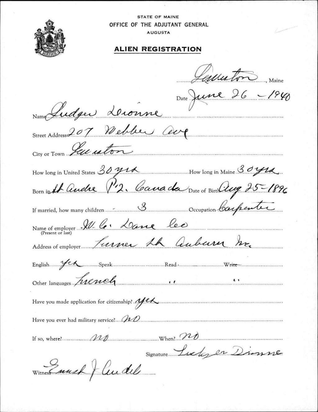 Miniature of Alien Registration- Dionne, Ludger (Lewiston, Androscoggin County)