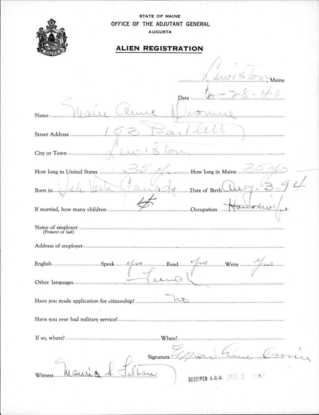 Miniature of Alien Registration- Dionne, Marie A. (Lewiston, Androscoggin County)
