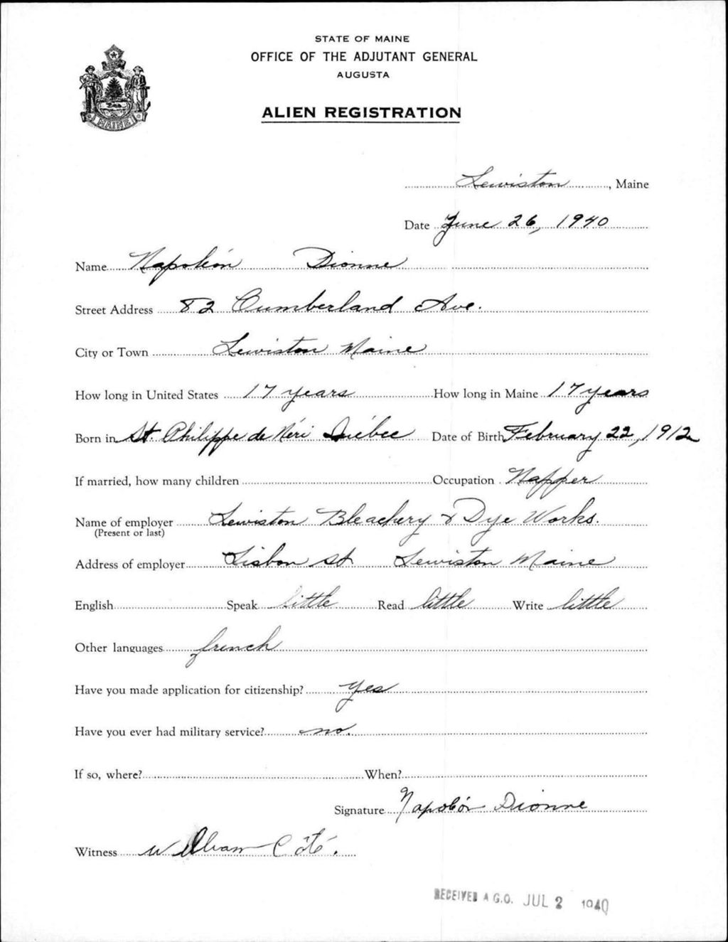Miniature of Alien Registration- Dionne, Napoleon (Lewiston, Androscoggin County)