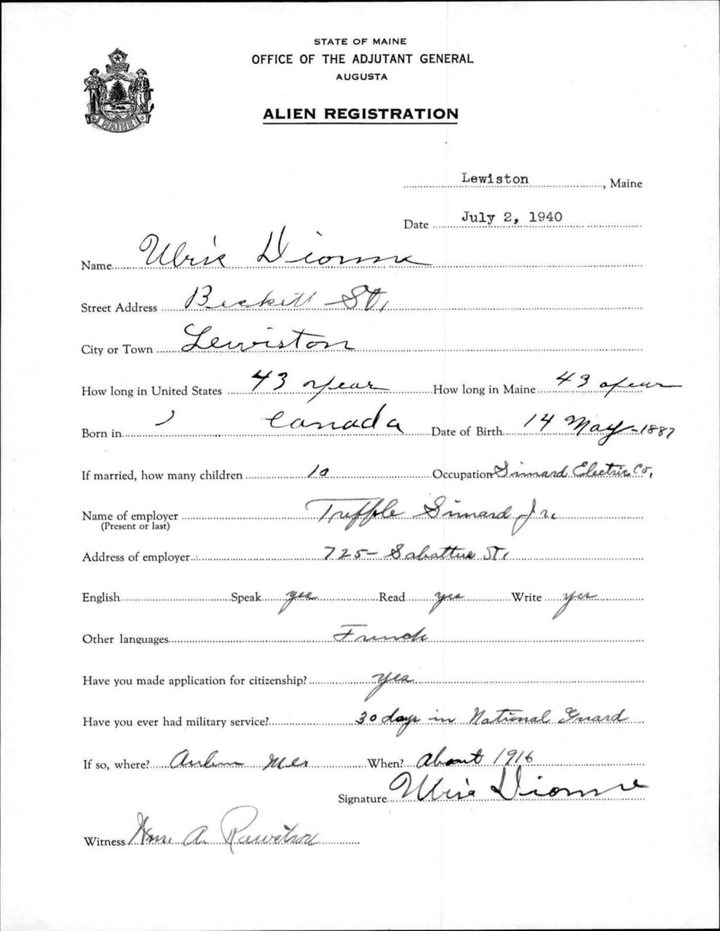 Miniature of Alien Registration- Dionne, Ulric (Lewiston, Androscoggin County)