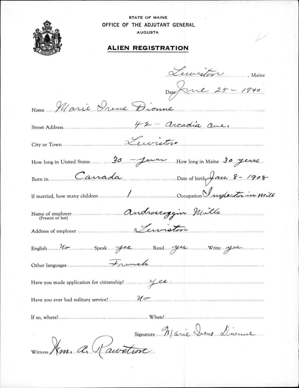 Miniature of Alien Registration- Dionne, Marie I. (Lewiston, Androscoggin County)