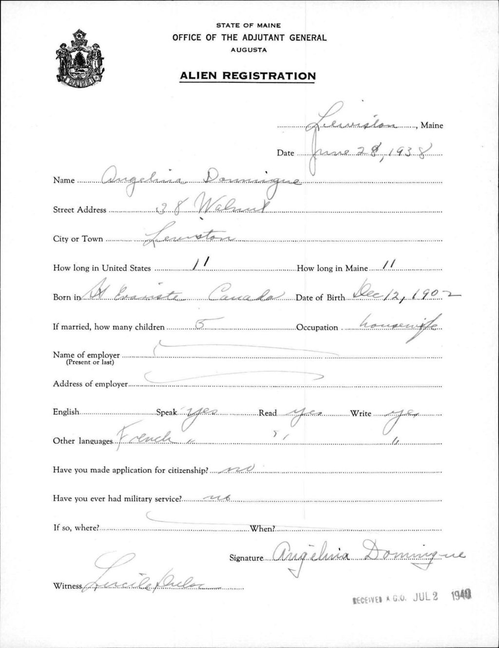 Miniature of Alien Registration- Dominigue, Angelina (Lewiston, Androscoggin County)