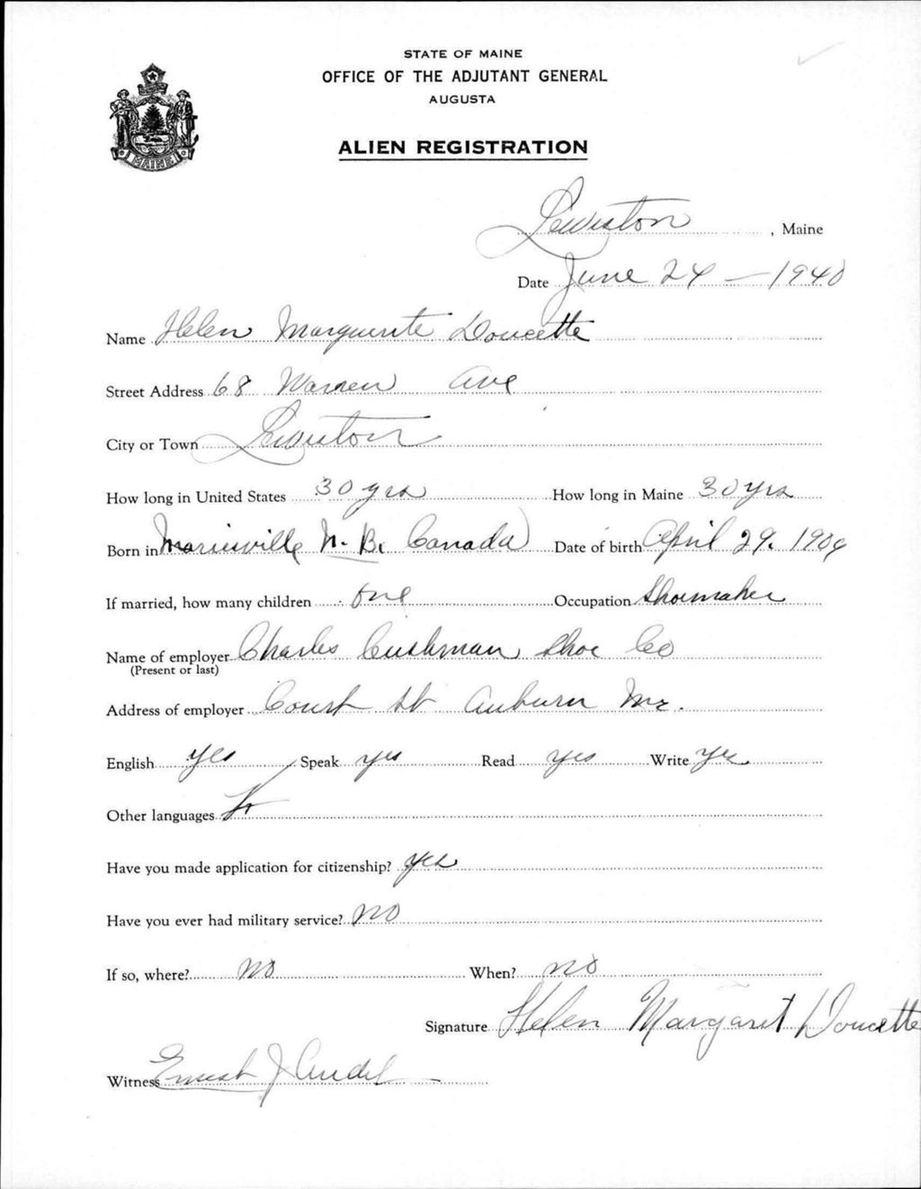 Miniature of Alien Registration- Doucette, Helen M. (Lewiston, Androscoggin County)