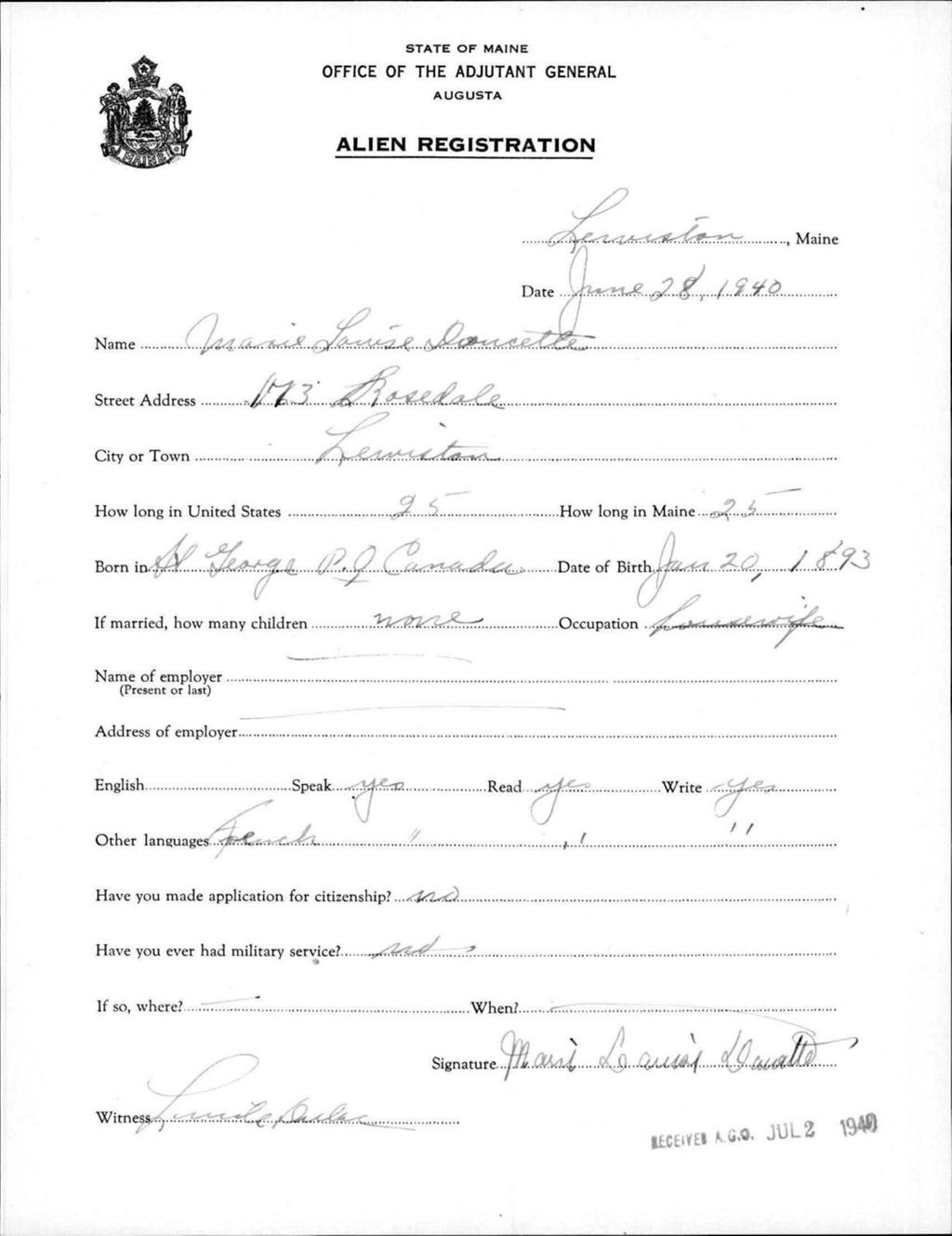 Miniature of Alien Registration- Doucette, Marie L. (Lewiston, Androscoggin County)
