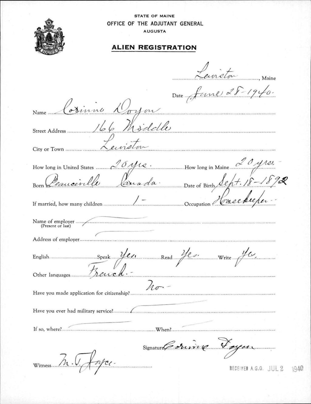 Miniature of Alien Registration- Doyon, Corinne (Lewiston, Androscoggin County)