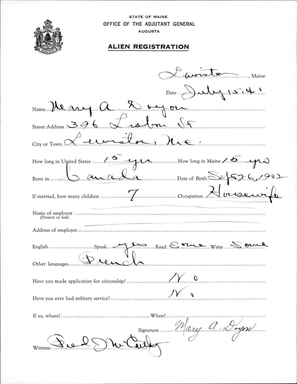 Miniature of Alien Registration- Doyon, Mary A. (Lewiston, Androscoggin County)