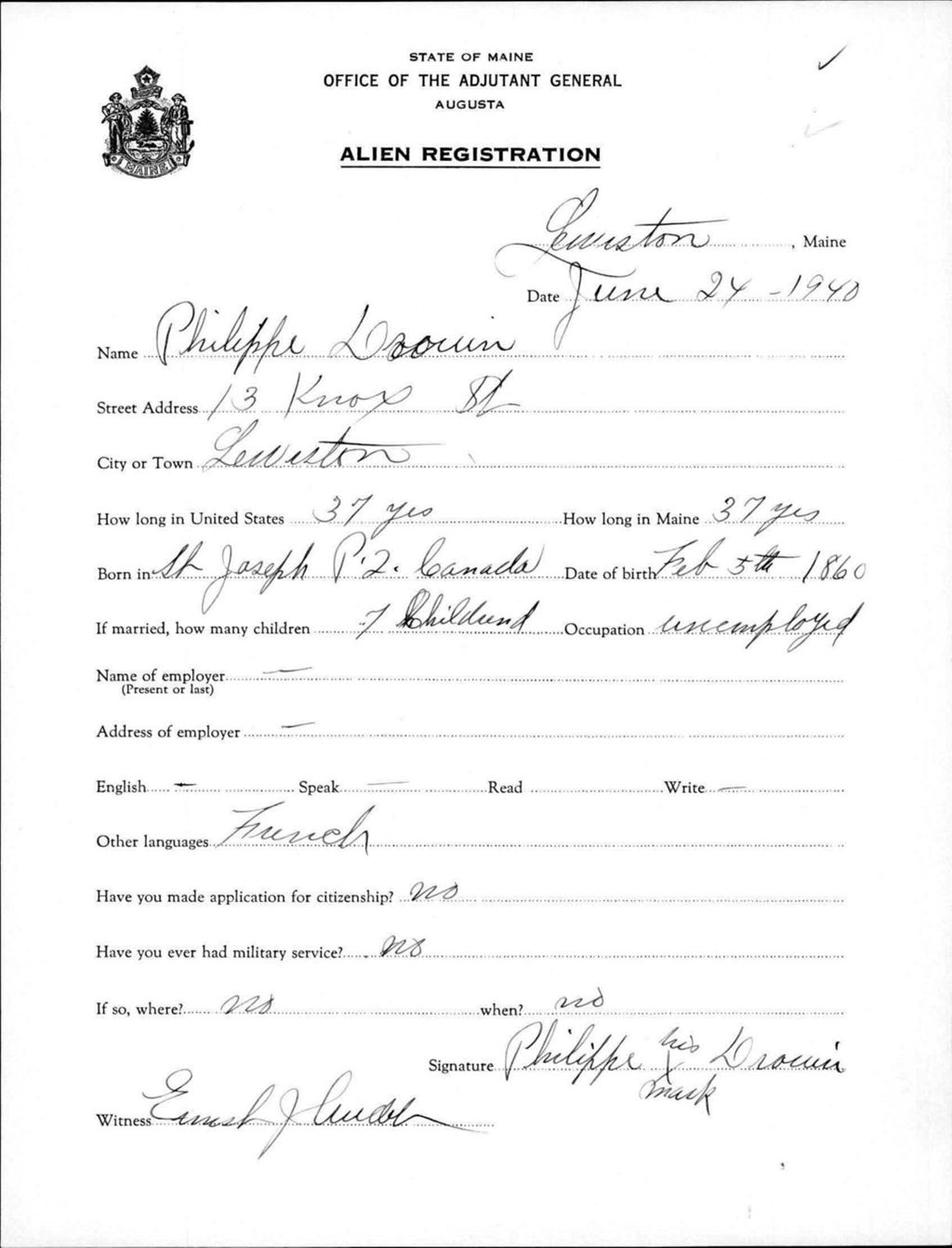 Miniature of Alien Registration- Drouin, Philippe (Lewiston, Androscoggin County)