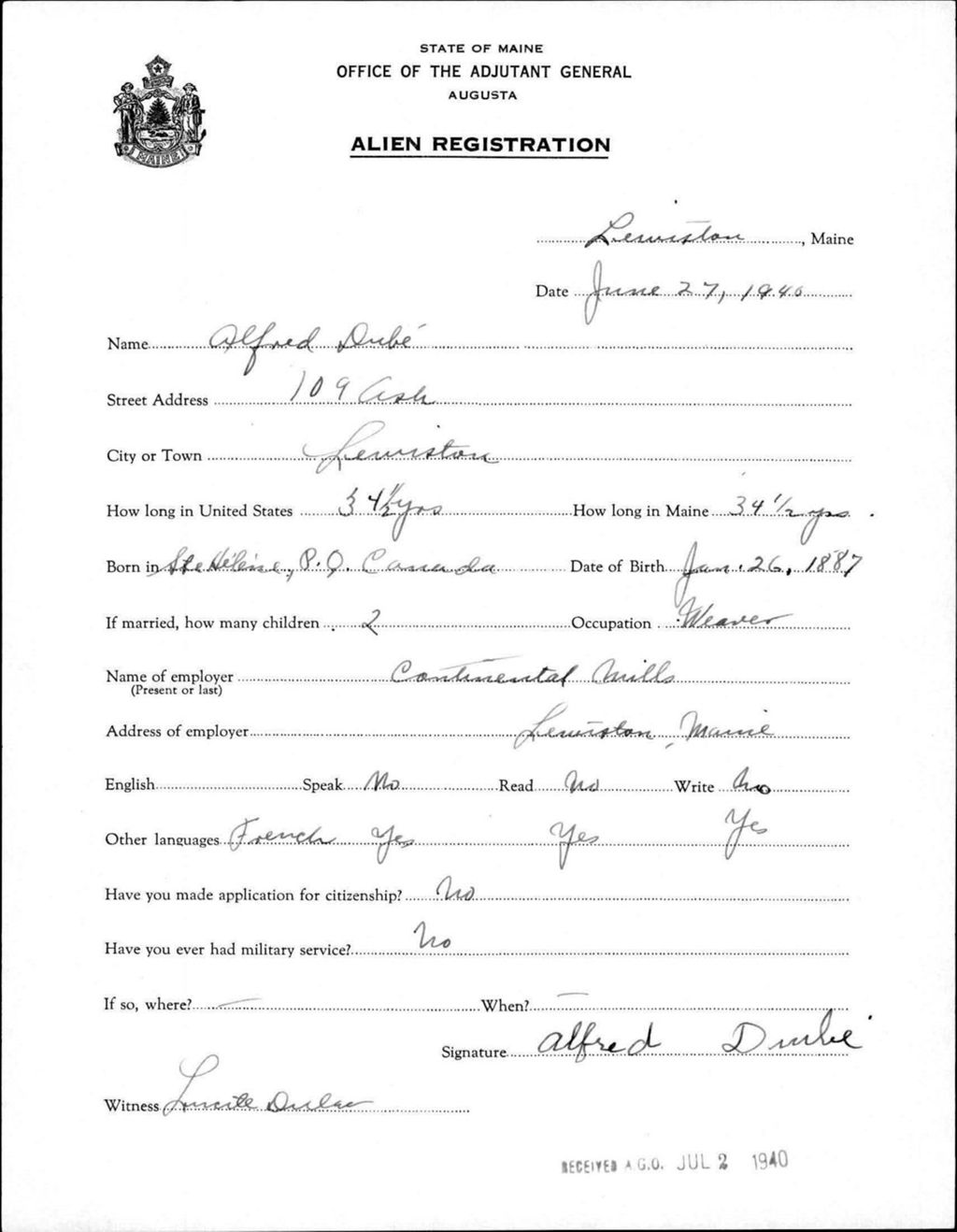 Miniature of Alien Registration- Dube, Alfred (Lewiston, Androscoggin County)