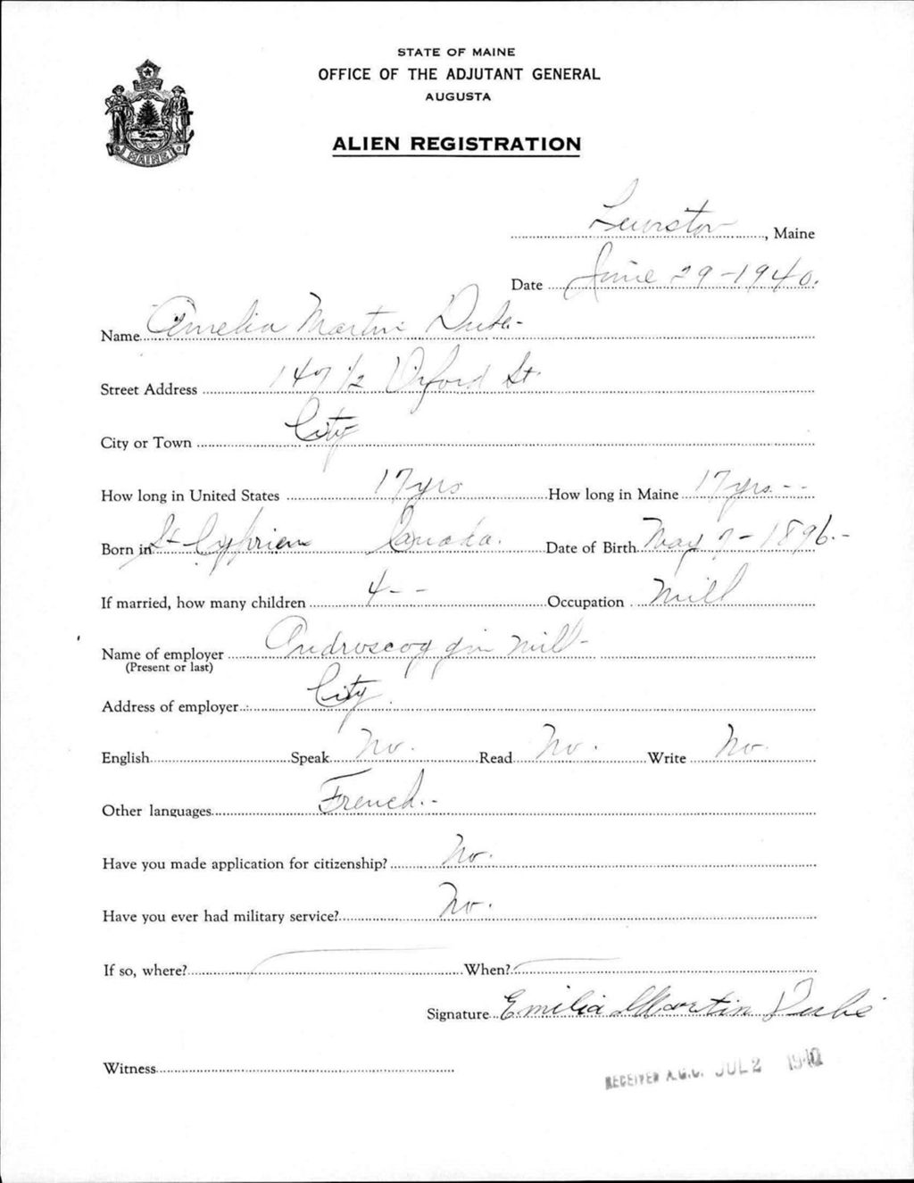 Miniature of Alien Registration- Martins, Amelia (Lewiston, Androscoggin County)
