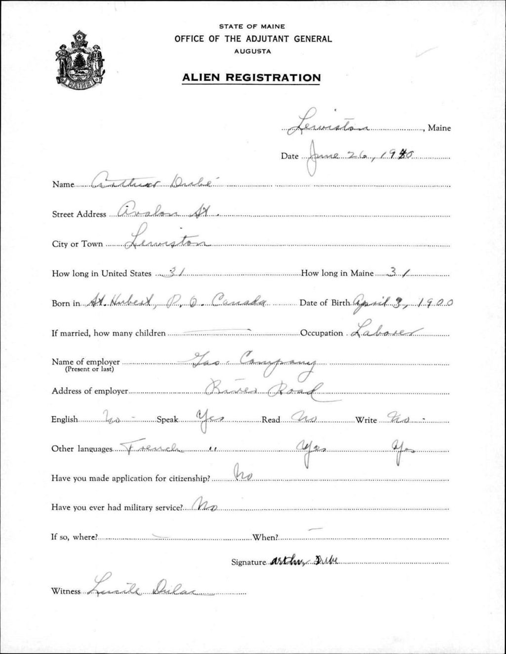 Miniature of Alien Registration- Dube, Arthur (Lewiston, Androscoggin County)