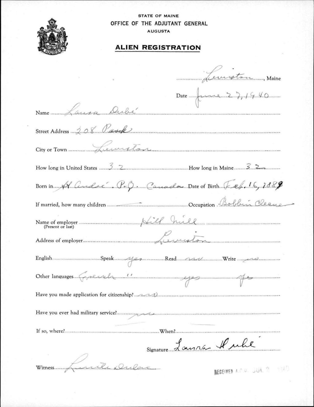Miniature of Alien Registration- Dube, Laura (Lewiston, Androscoggin County)