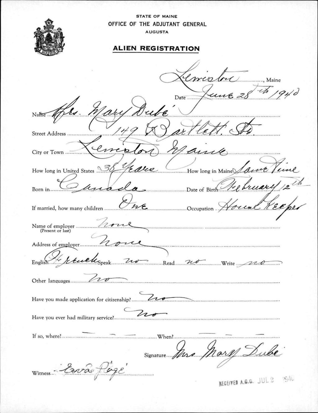 Miniature of Alien Registration- Dube, Mary (Lewiston, Androscoggin County)