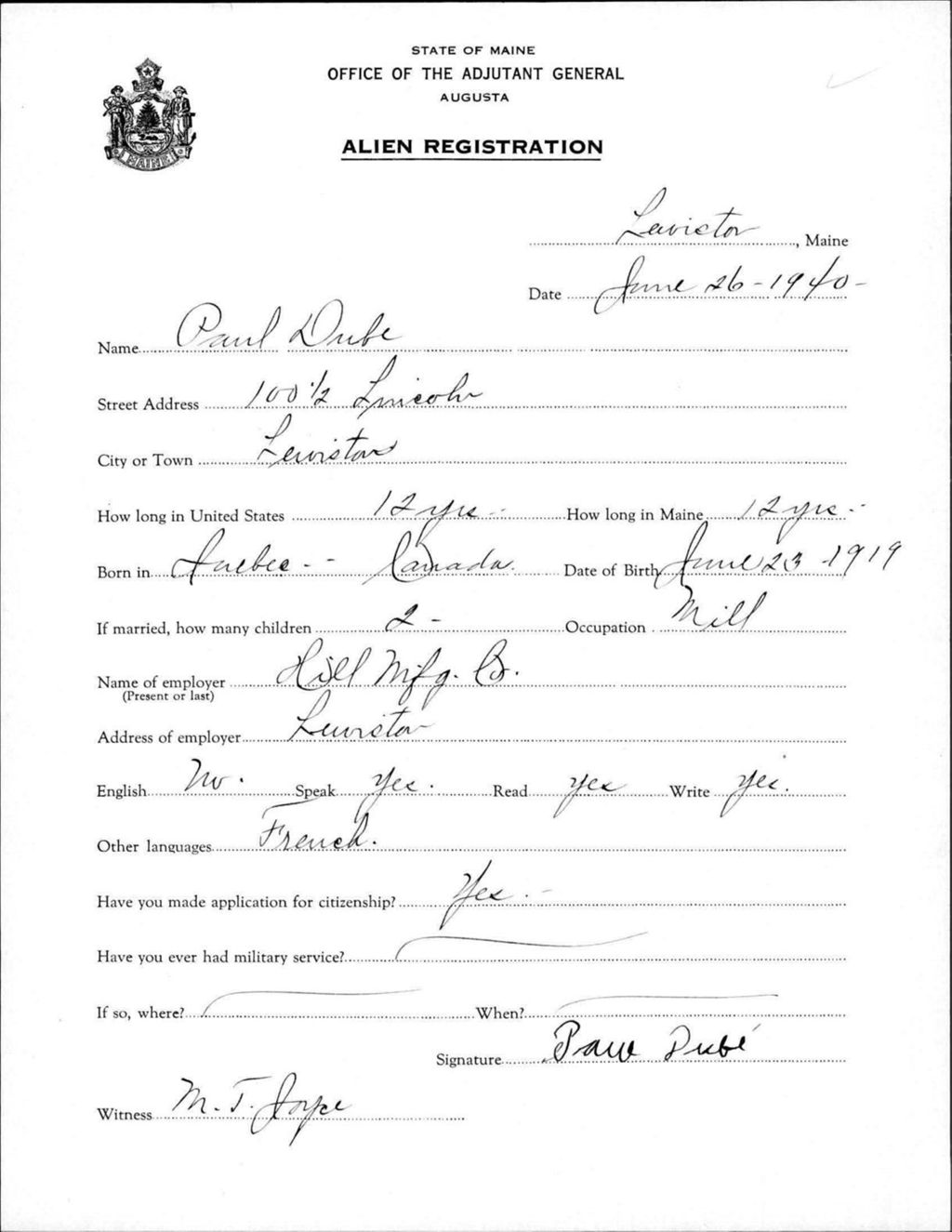 Miniature of Alien Registration- Dube, Paul (Lewiston, Androscoggin County)