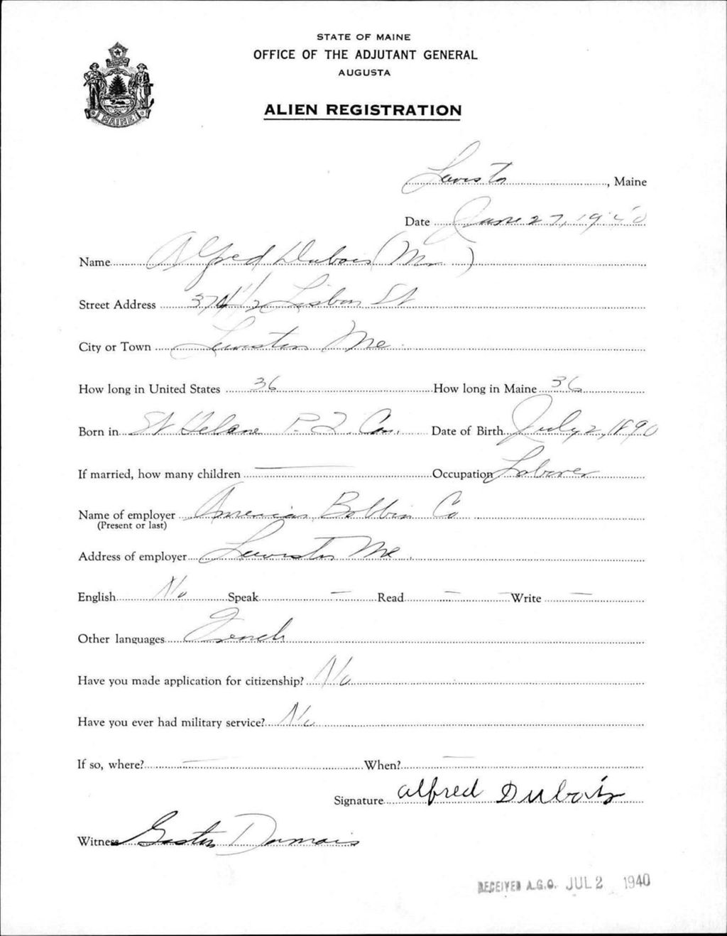 Miniature of Alien Registration- Dubois, Alfred (Lewiston, Androscoggin County)