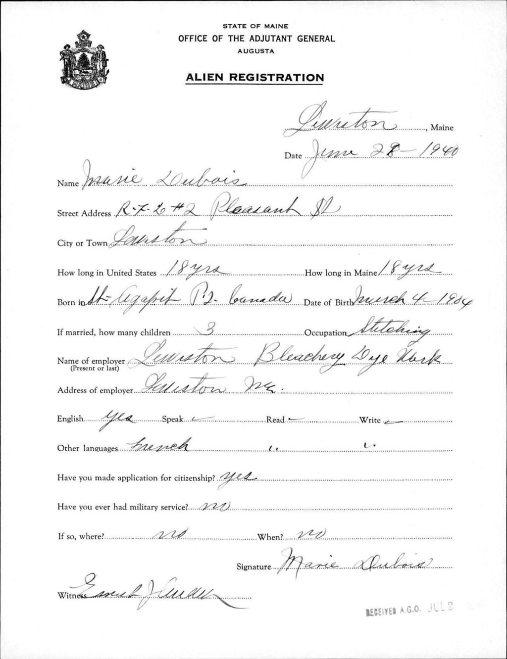 Miniature of Alien Registration- Dubois, Marie (Lewiston, Androscoggin County)