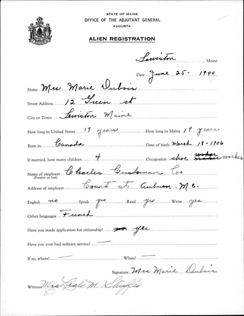 Miniature of Alien Registration- Dubois, Marie (Lewiston, Androscoggin County)