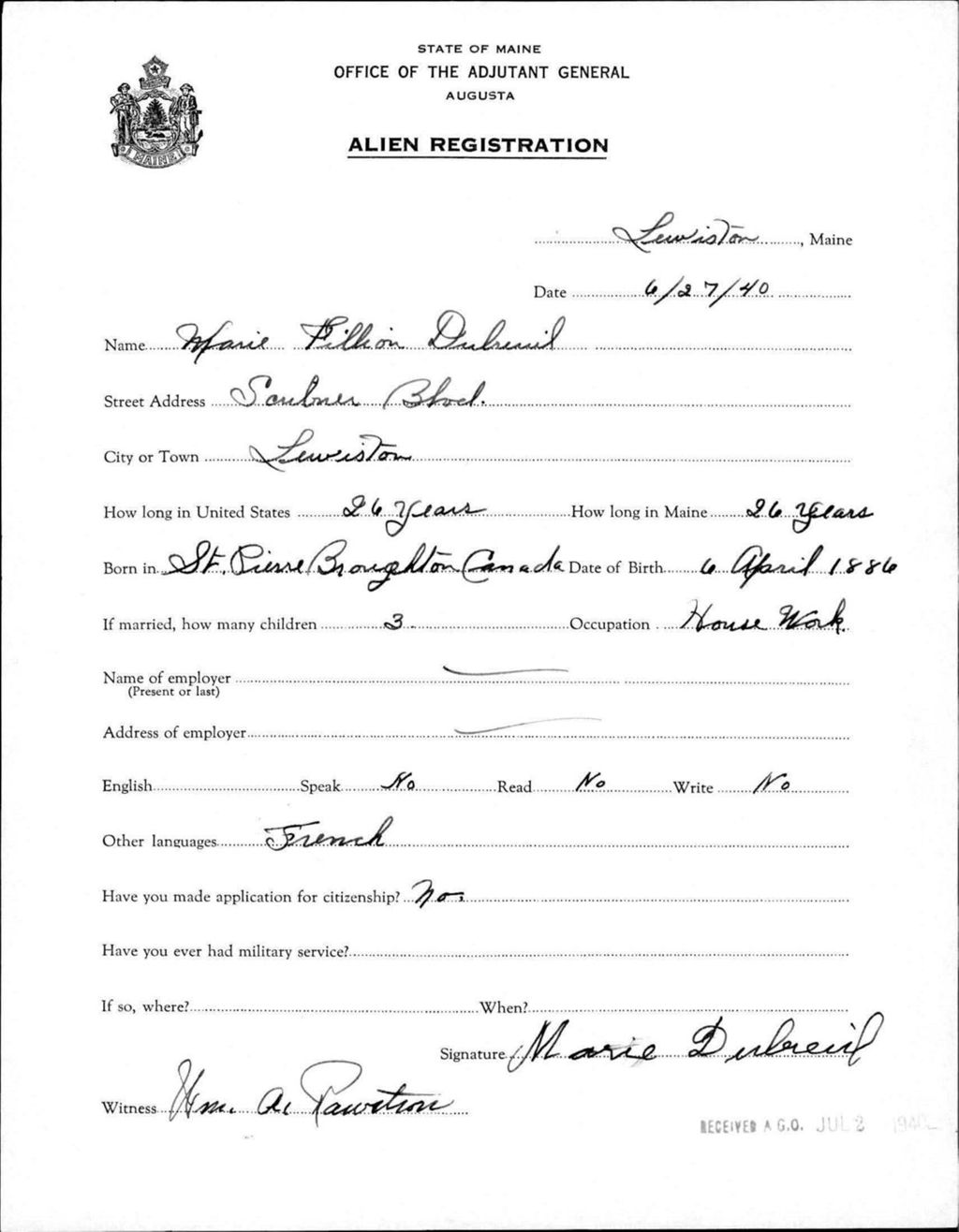 Miniature of Alien Registration- Fillion, Marie (Lewiston, Androscoggin County)