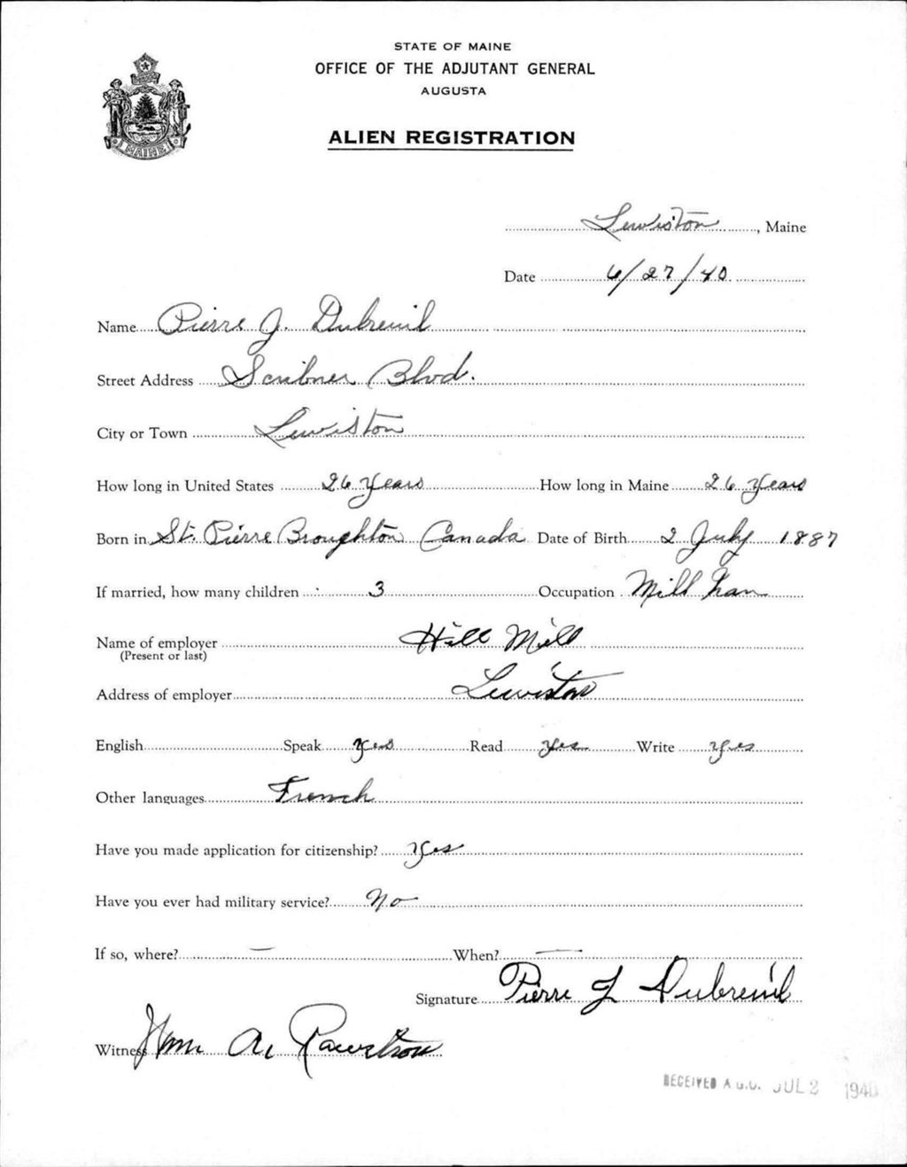 Miniature of Alien Registration- Dubruiel, Piere J. (Lewiston, Androscoggin County)