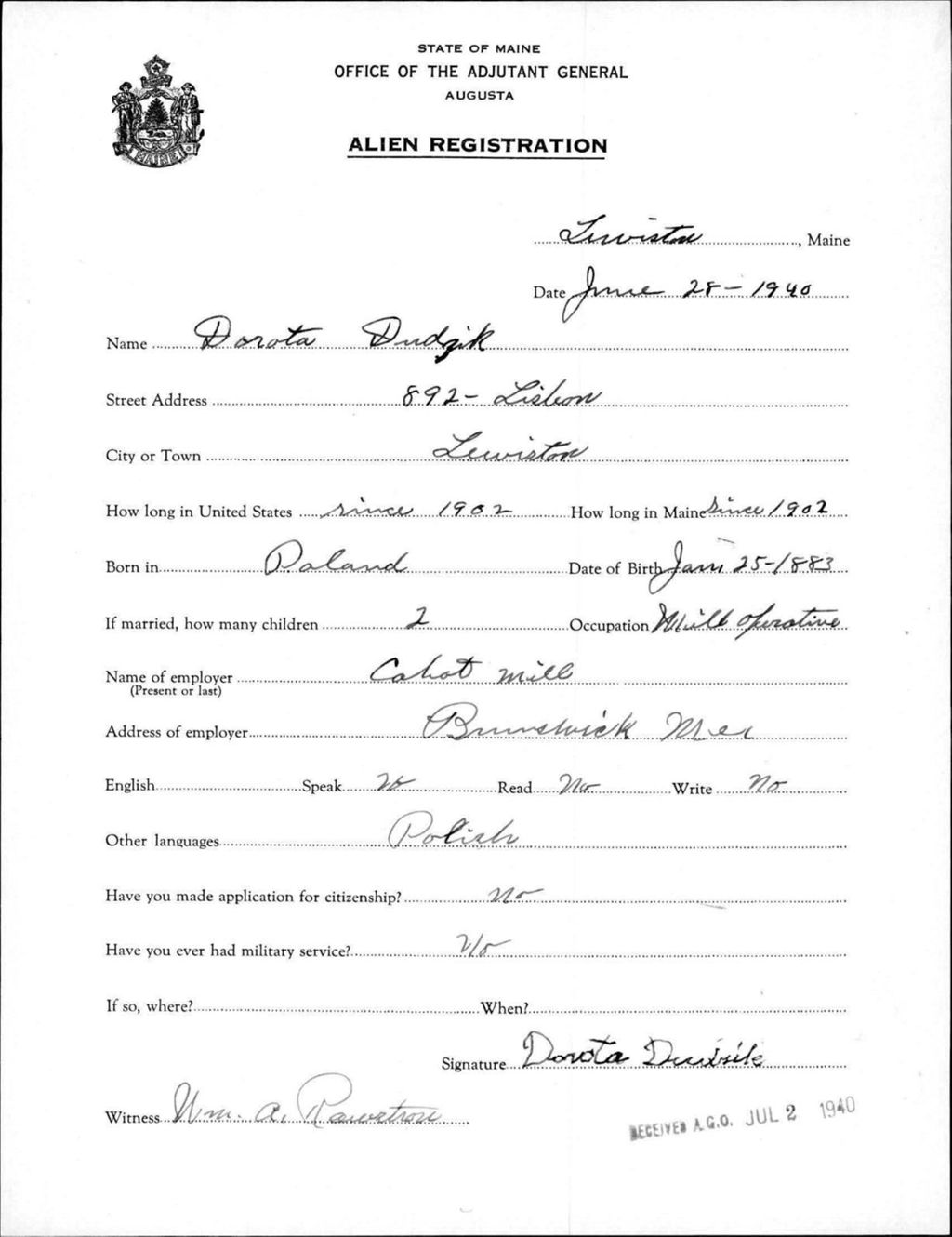 Miniature of Alien Registration- Dudzik, Dorota (Lewiston, Androscoggin County)