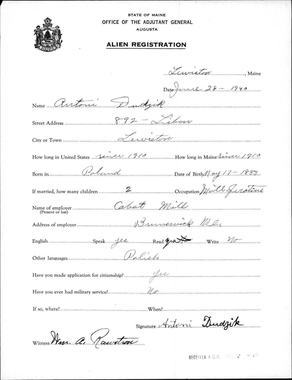 Miniature of Alien Registration- Dudzik, Antoni (Lewiston, Androscoggin County)