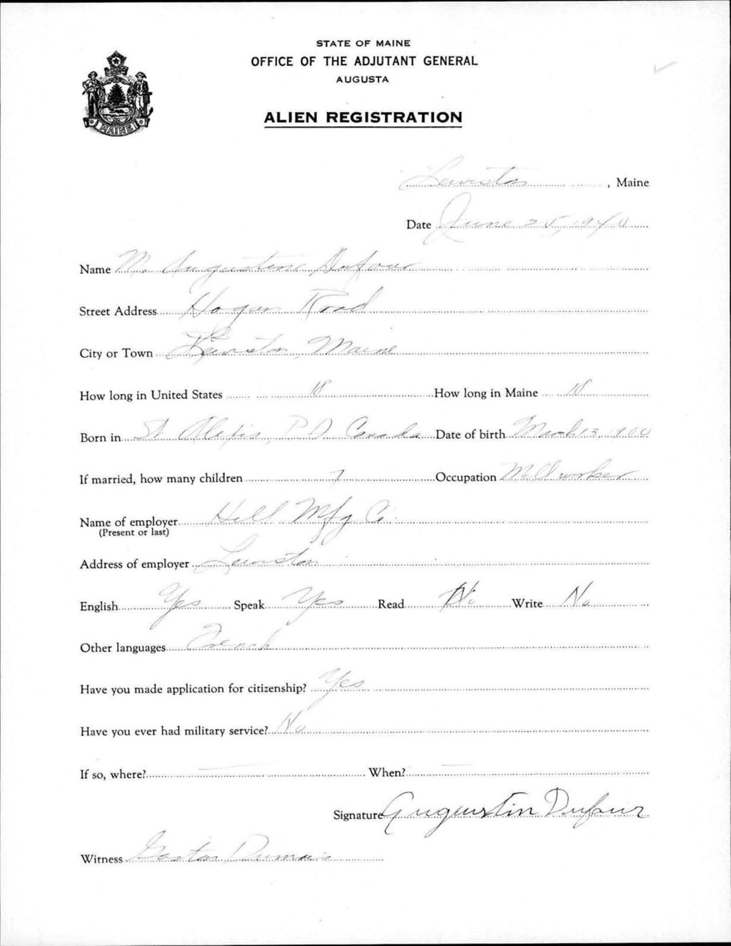Miniature of Alien Registration- Dufour, Augustine (Lewiston, Androscoggin County)
