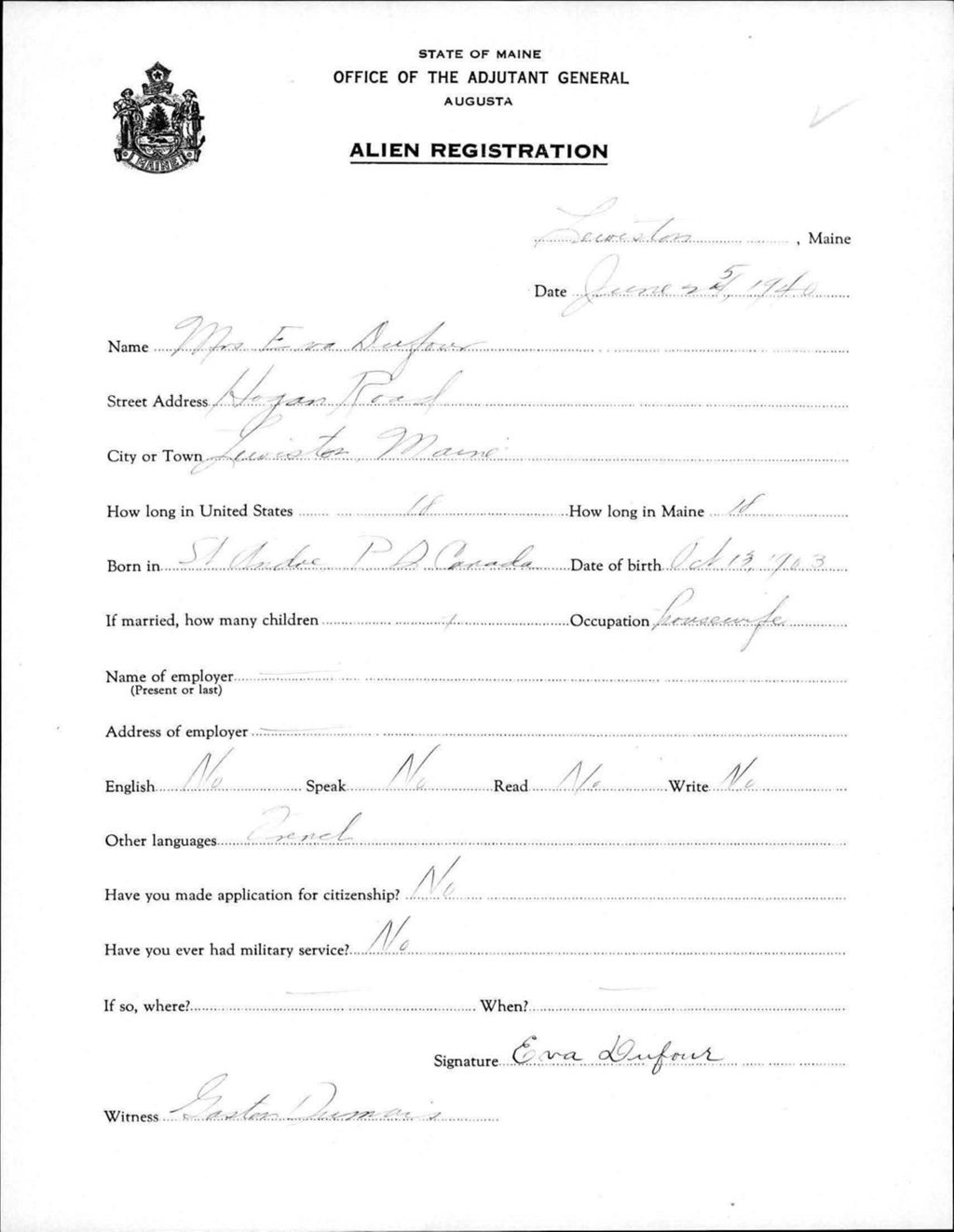 Miniature of Alien Registration- Dufour, Eva (Lewiston, Androscoggin County)